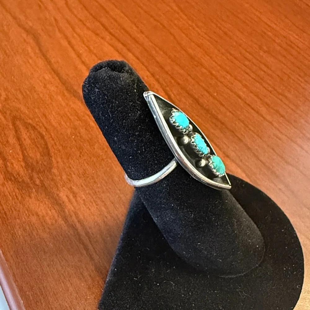 Vintage Zuni 3 Nugget Turquoise 925 Sterling Silver Shadowbox Ring Sz 5.5